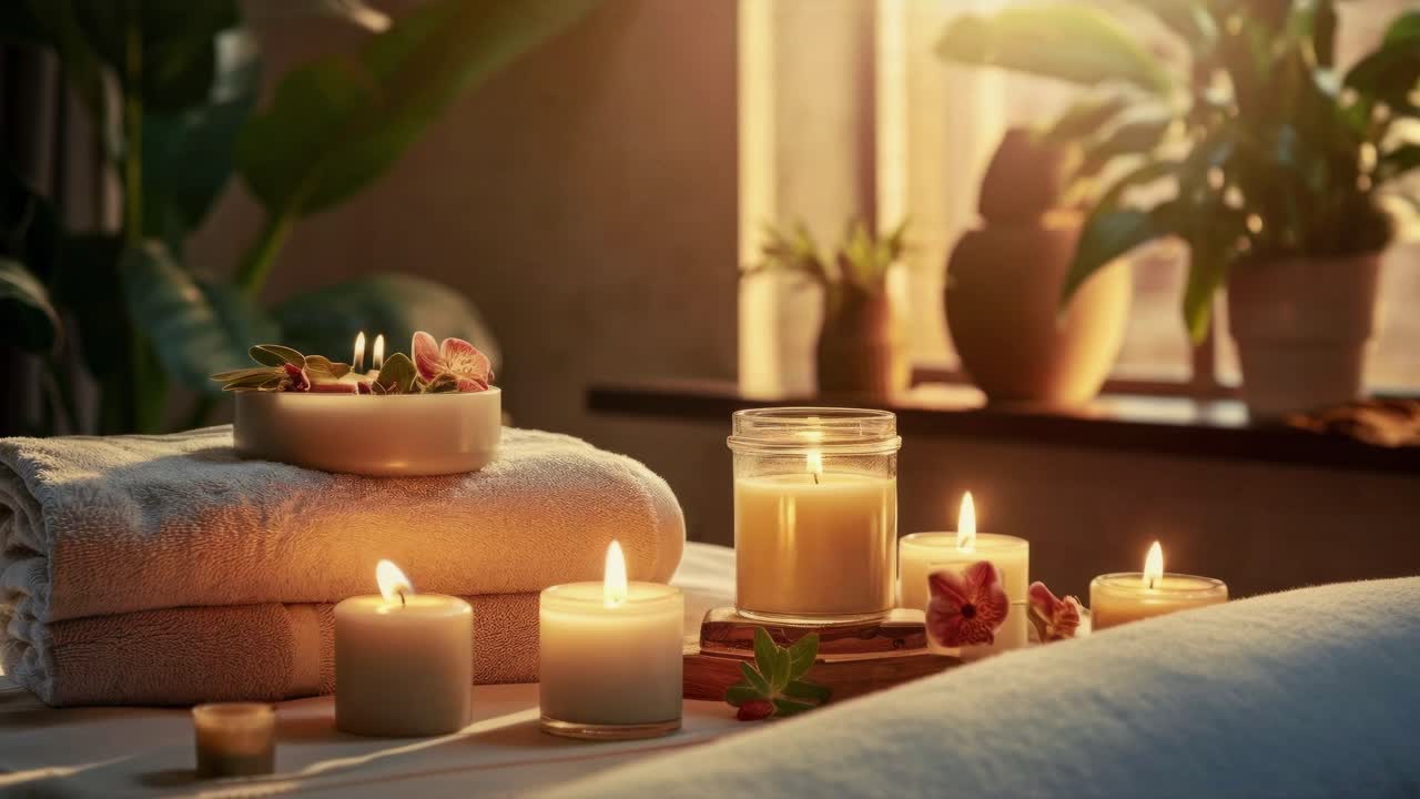 Mumlar ve havlularla rahat bir spa ortamı ve masaj masası, düşük bir açıdan çekilmiş