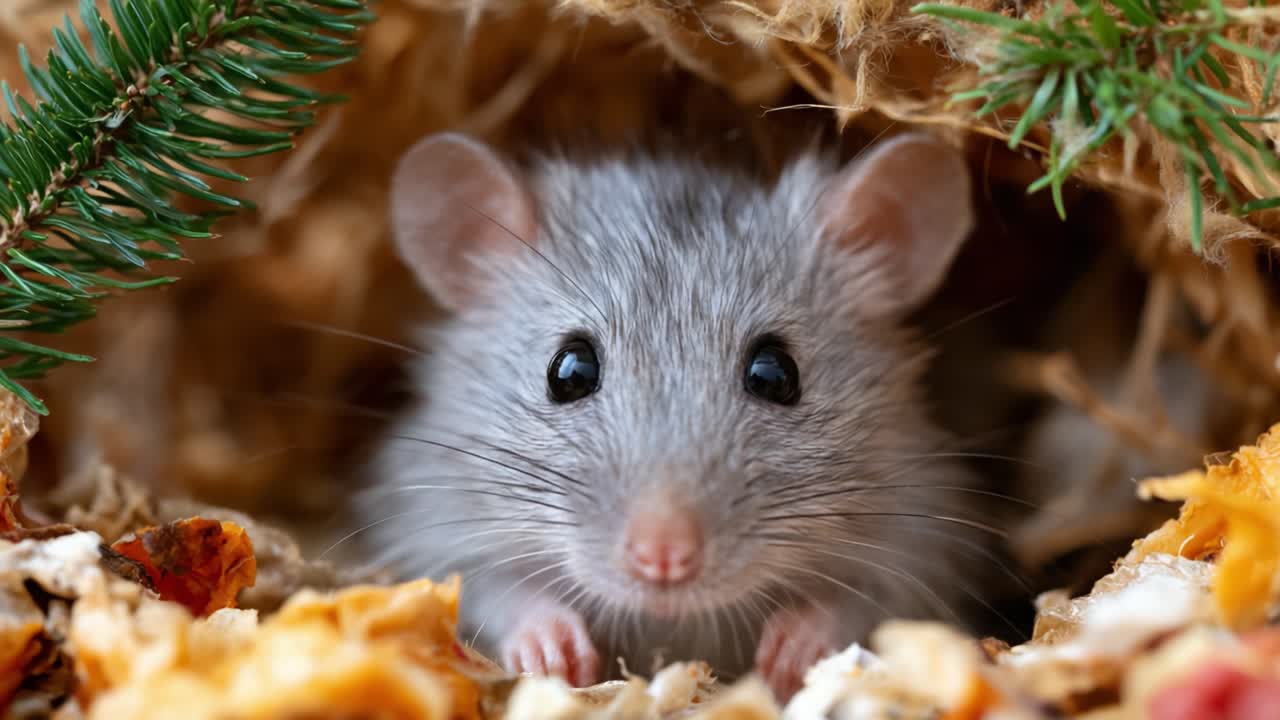 Topolino grigio curioso che sbircia da un nido accogliente, circondato da pino e materiali naturali, con un'espressione affascinante e occhi vivaci.