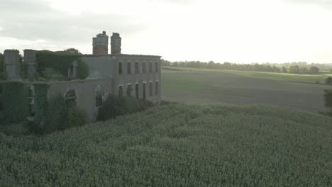 stephenstown house over green fields at sunrise in stephenstown cottages, co. louth, ireland. aerial shot