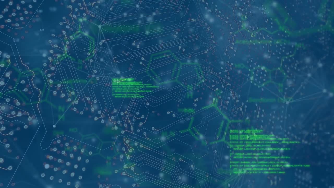 Animation of microprocessor connections, chemical structures and data processing on blue background
