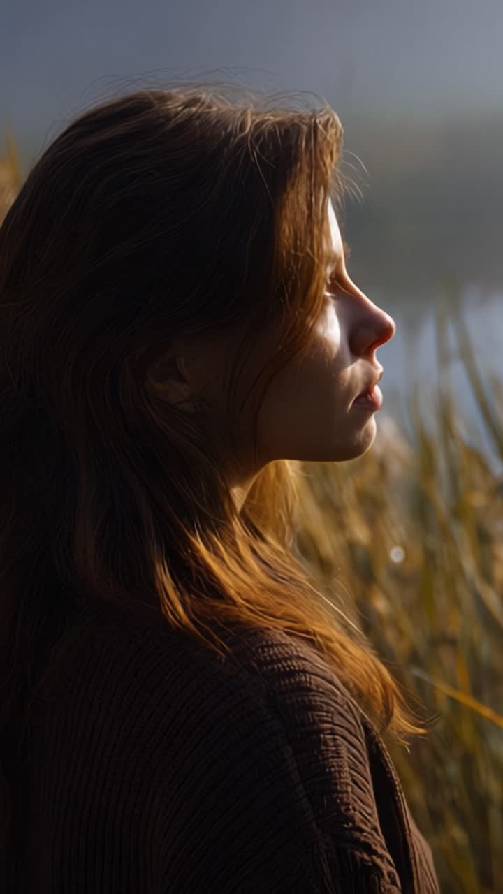 Un perfil sereno de una mujer joven con cabello suelto contra un fondo brumoso de naturaleza, capturando la esencia de la tranquilidad y la reflexión bajo la suave luz de la mañana