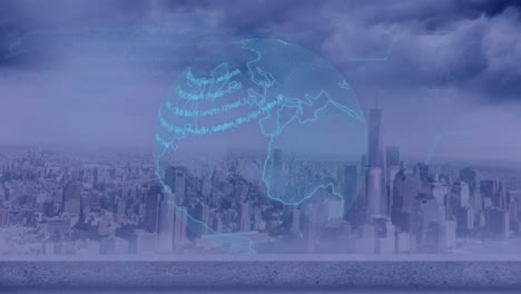 animation of white circles and globe over cityscape