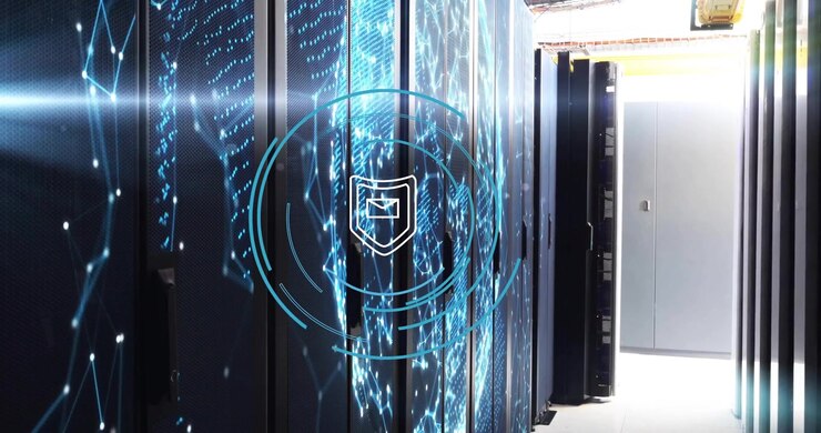 Gliding down server aisle network visuals sweeping globe and shield rings orbit signaling security