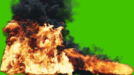 corrientes realistas de fuego con espeso humo negro, similar a un disparo de un lanzallamas, combustible en llamas, escape de un motor de cohete o la llama de un dragón que respira fuego. vfx frente a la pantalla verde.