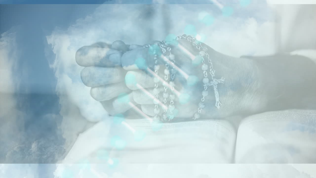 Holding rosary beads, hands over open book with cloud background in animation