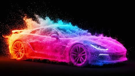 a stunningly vivid representation of a racing car is showcased, surrounded by vibrant, colorful splashes in an exhilarating dusk setting