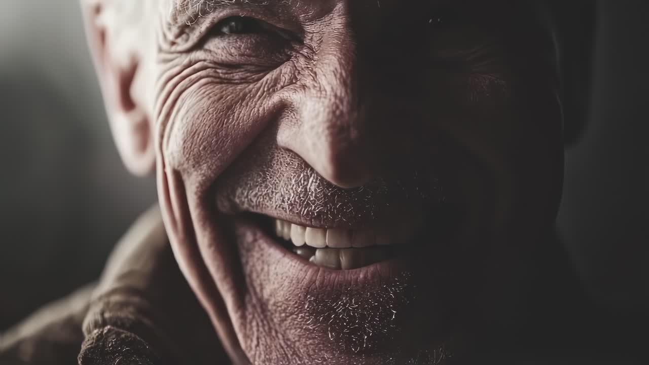Uomo anziano allegro con un sorriso radioso, che mostra i denti e stabilisce un contatto visivo diretto, esprimendo gioia e saggezza attraverso un'espressione facciale genuina.
