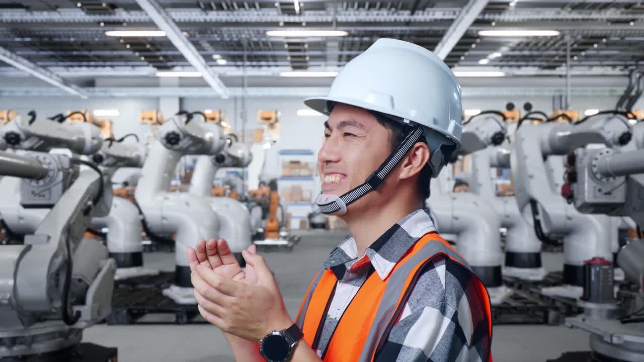 Engineer Applauding in a Factory with Robots