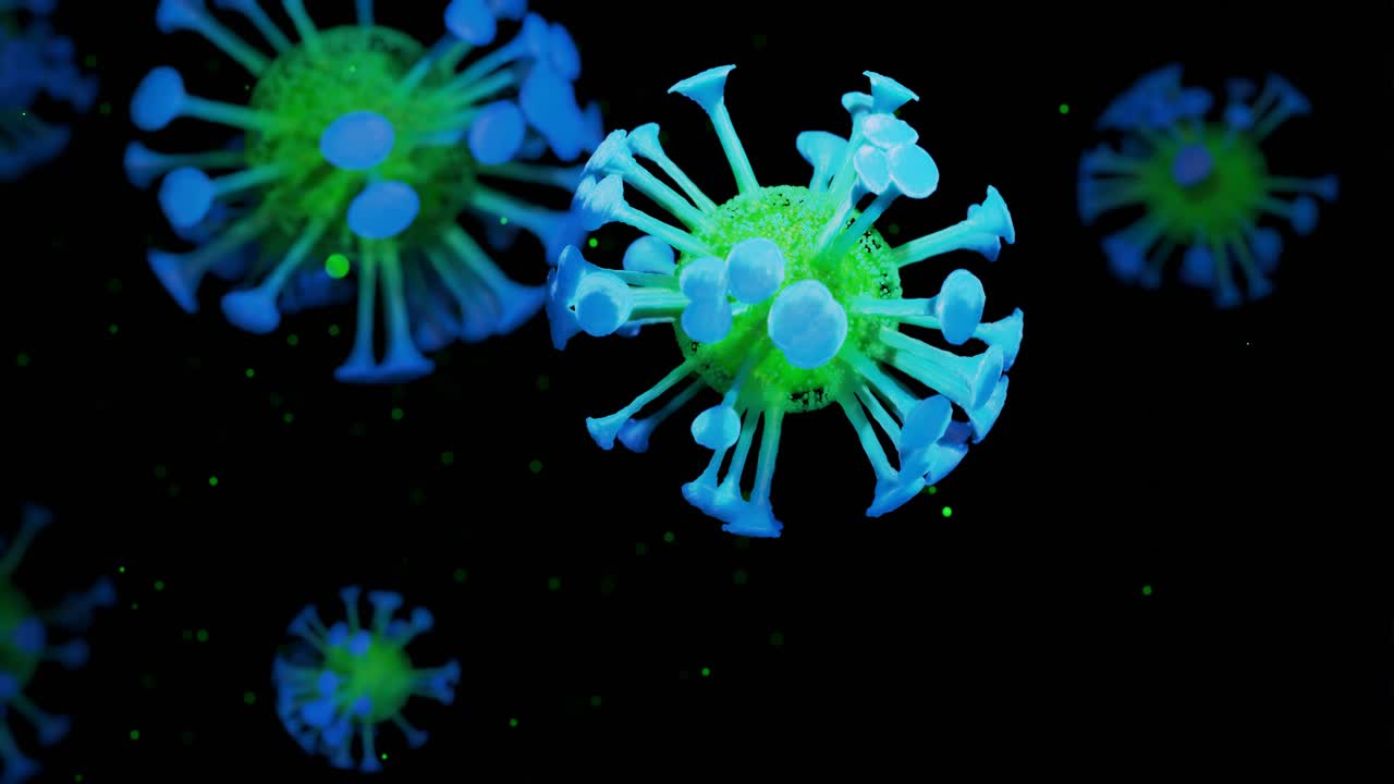 close-up coronavirus type covid-19, h1n1, bird flu or swine flu move smoothly in fluid 3d representation of virus as microbiological microscopic looped background. Green blue gradient 5