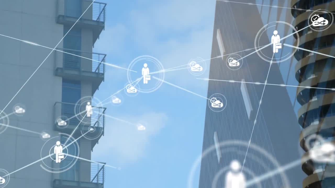 디지털 아이콘의 네트워크와 같은 연결의 네트워크, 그리고 드론을 통해 드론을 전달하는 네트워크