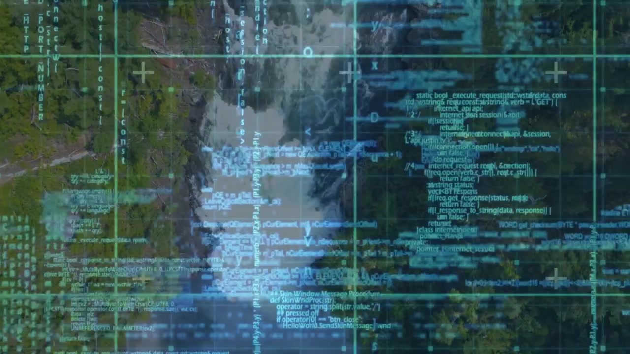 Mapping system scanning river, overlaying grids and scrolling code, obscuring cascade for analysis