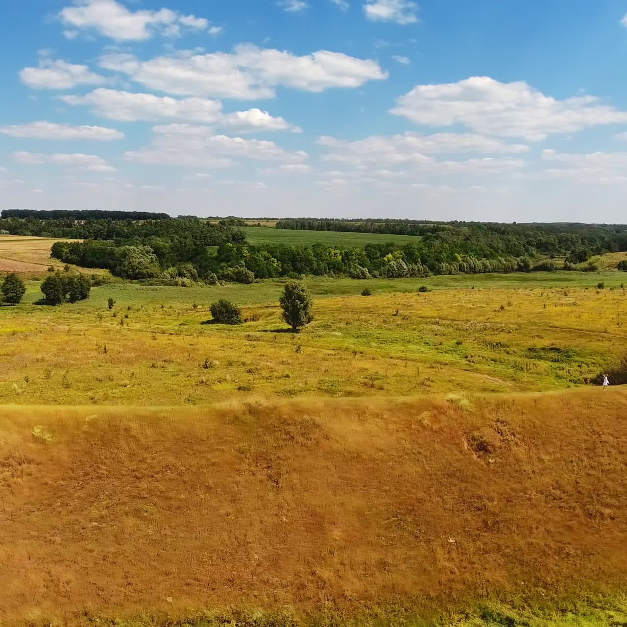 Amazing nature landscape of trees and meadows. Girl in white clothes going along the long hill in the meadow. Beautiful summer day backdrop