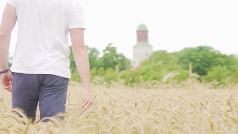 man walking around in wheat crop field in shorts and t-shirt farmer farming boy picking plant straws flower summer vacation roadtrip travel visit europe smooth feeling relaxed close to nature happy