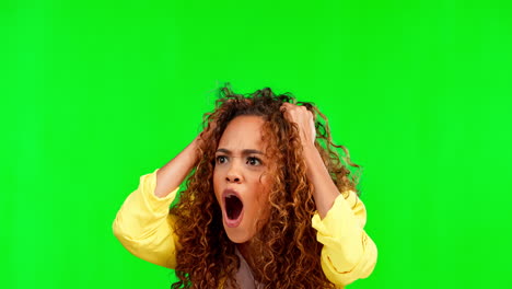 Green-screen,-frustrated-and-woman-in-studio