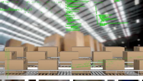animación del procesamiento de datos sobre pilas de cajas de cartón en cintas transportadoras en el almacén