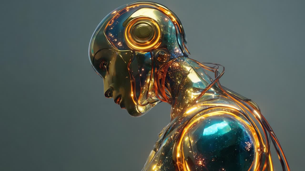 A Stunning Metallic Robot Profile Showcasing Futuristic Design Elements with Glowing Features and Intricate Wiring in a Lively Color Palette