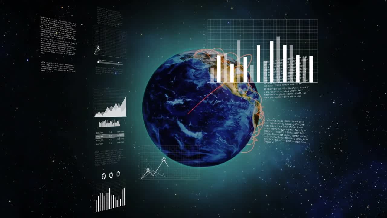 Luminous 3D globe appearing triggers charts animating around rotating Earth, visualizing data flows