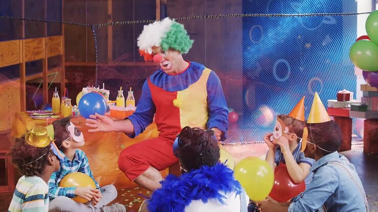 Animazione di forme su bambini di diverse etnie e un clown a una festa di compleanno