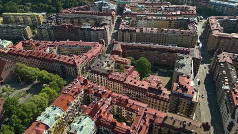 Aerial-over-the-colorful-rooftops-of-Linnestaden-or-Linne-in-Gothenburg,-Sweden