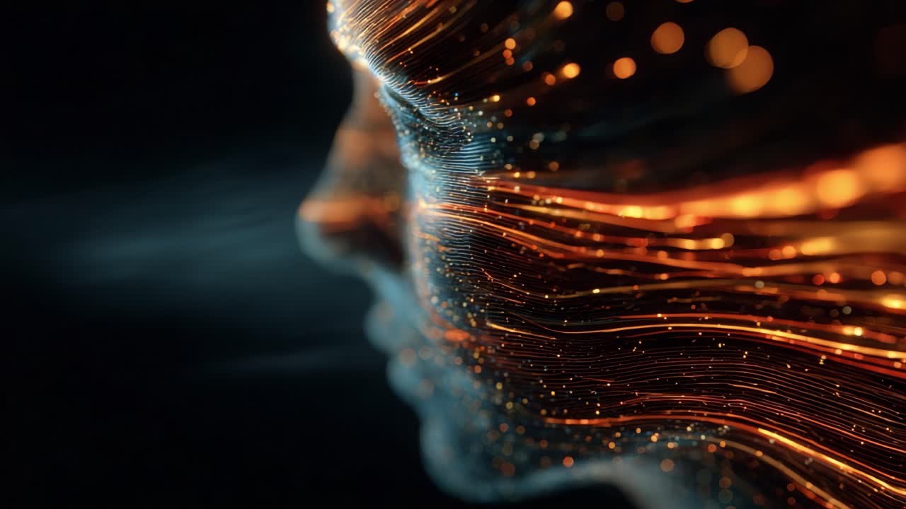 A digital representation of a human face, intricately layered with flowing streams of light. Vivid orange and golden lines create a mesmerizing visual effect, blending technology with human essence, illustrating a futuristic concept