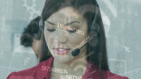 animation of network of convection over businesswoman using phone headsets