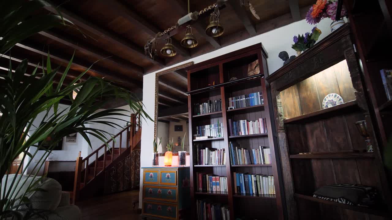 interior de casa colonial con plantas y madera oscura en el techo y estanterías