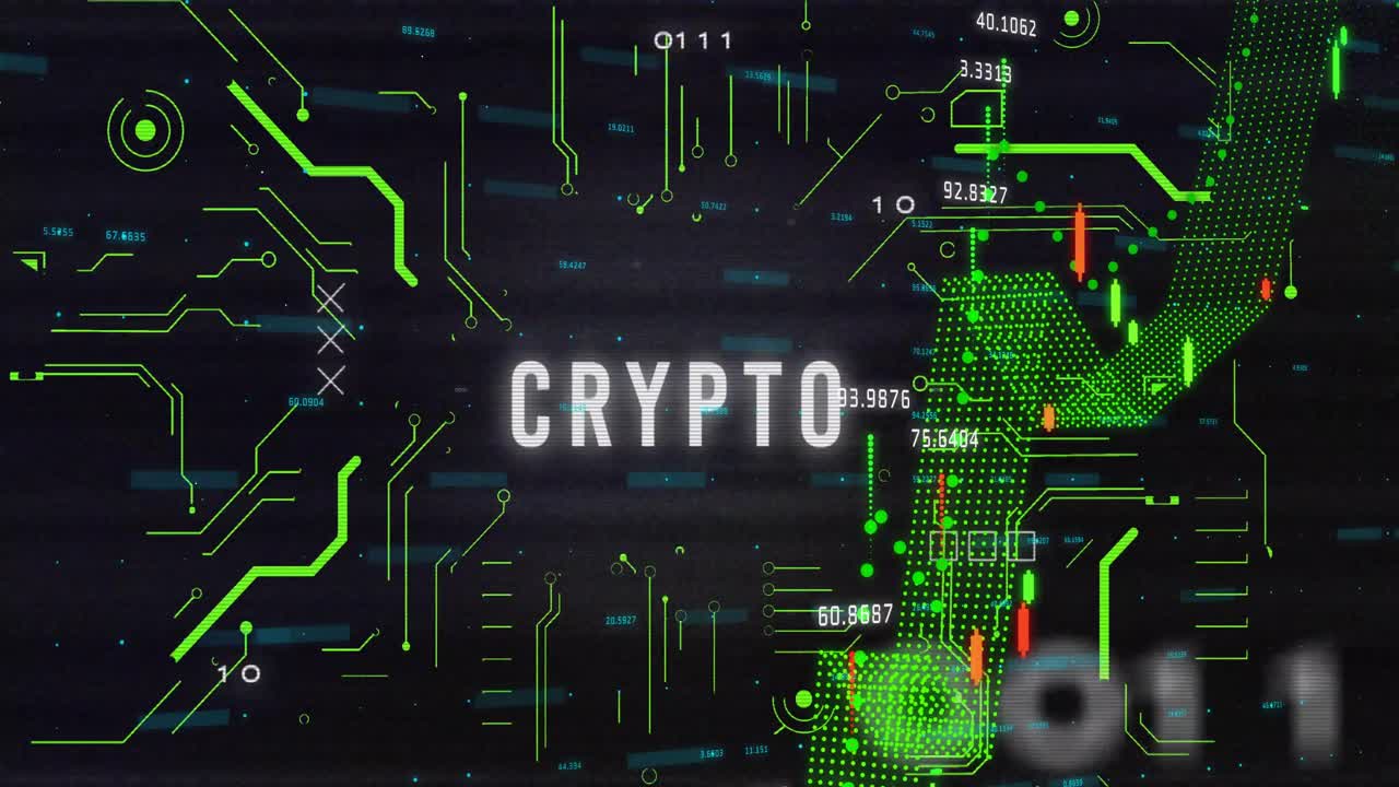 Faint CRYPTO text appearing, circuit traces flowing, dotted mesh rising visualizing price trend