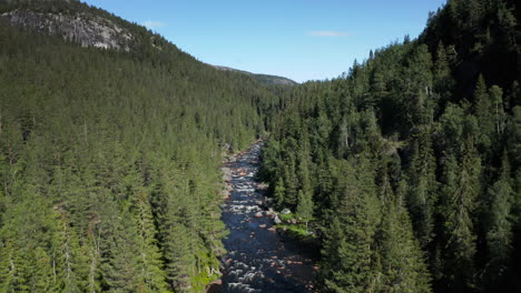 Aerial-view-overlooking-rapids,-up-in-the-Westfjords-valley,-near-the-RjukanFossen-waterfall,-sunny,-summer-day,-in-South-Norway---dolly,-drone-shot