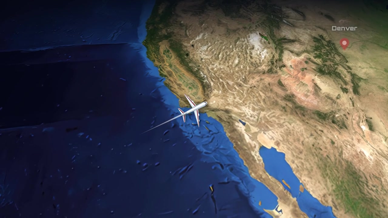Commercial airplane flies across the Pacific Ocean from Sydney to Denver on a 3D globe