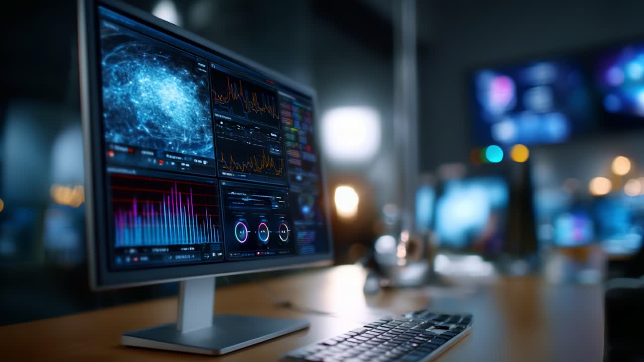 Advanced Data Visualization and Analysis on a Computer Screen in a Modern Tech Environment, Featuring Graphs, Charts, and Interactive Elements for Insightful Interpretation
