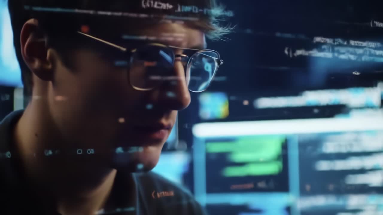 A Focused Individual Analyzing Data in a High-Tech Environment, Surrounded by Complex Information and Visuals on Multiple Screens in the Background