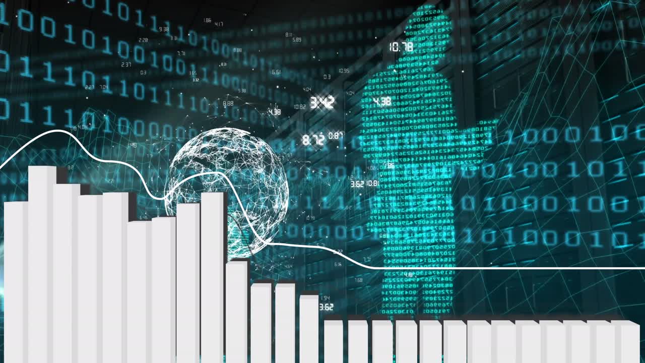 Animation of financial data processing and binary coding over black background