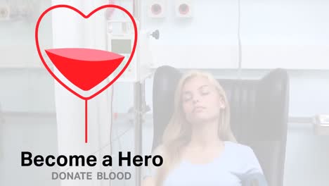 Animation-of-heart-shape-blood-bag-and-become-a-hero-text-over-caucasian-female-patient
