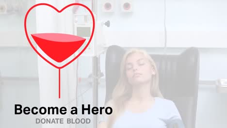 animación de la bolsa de sangre en forma de corazón y convertirse en un texto de héroe sobre la paciente caucásica