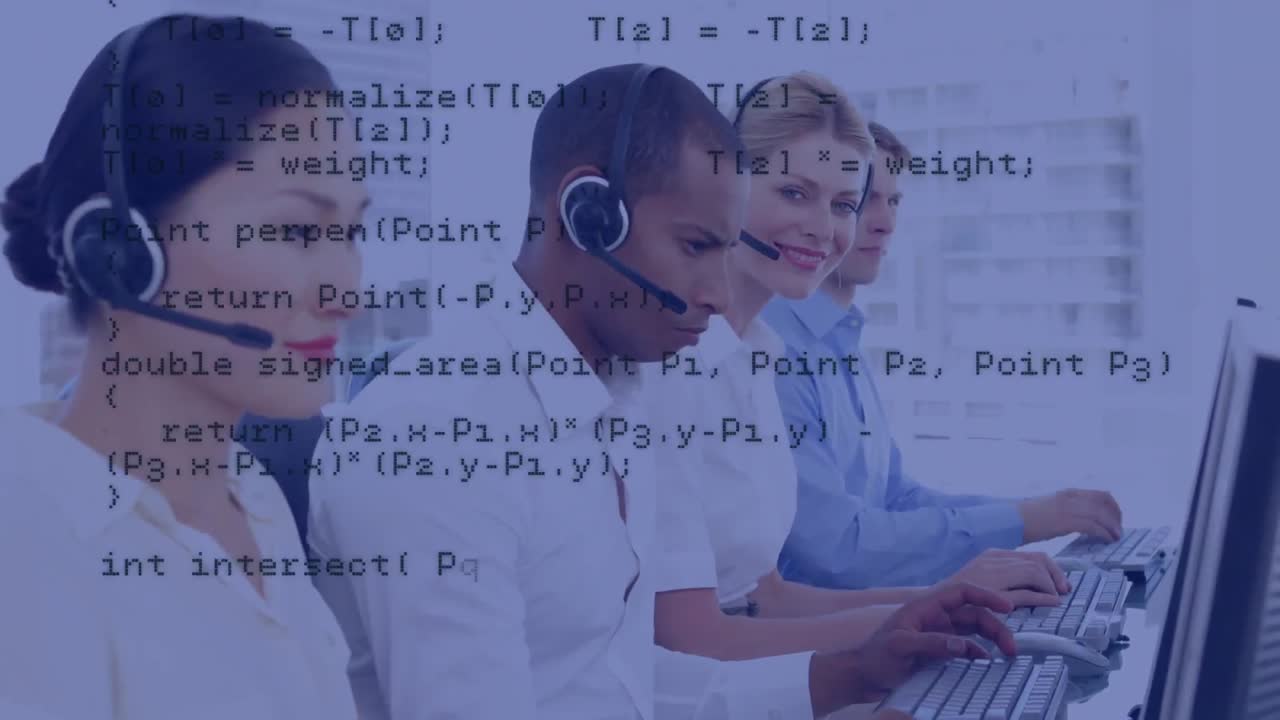 Animation of data processing over business people using phone headsets