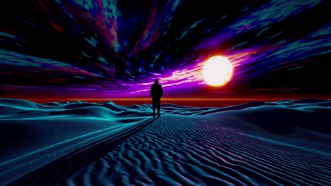 silhouette figure in a vivid desert landscape