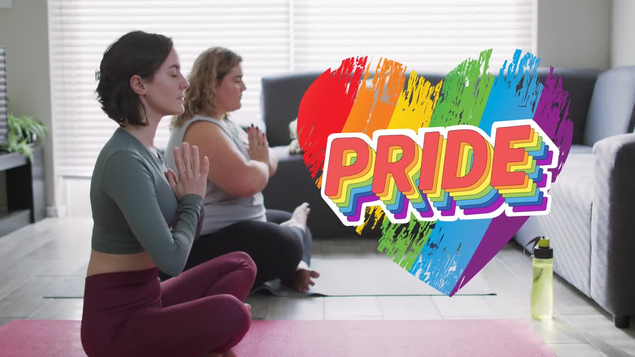 집에서 요가를 연습하는 레즈비언 커플에 대한 무지개 마음과 자부심의 애니메이션