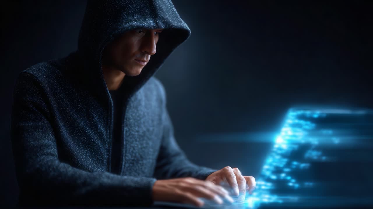 A Mysterious Figure in a Hooded Cloak Engages in Advanced Digital Activities, Illuminating an Environment with Glowing Data Streams Emerging from Their Laptop