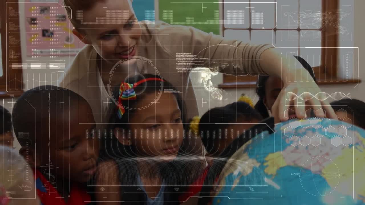 animación del procesamiento de datos sobre escolares y maestros que miran el globo en clase