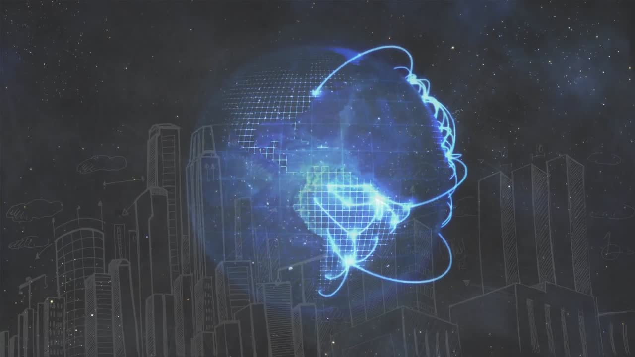 globo terráqueo digital con conexiones de luz entre las ciudades en un fondo espacial con una forma de ciudad