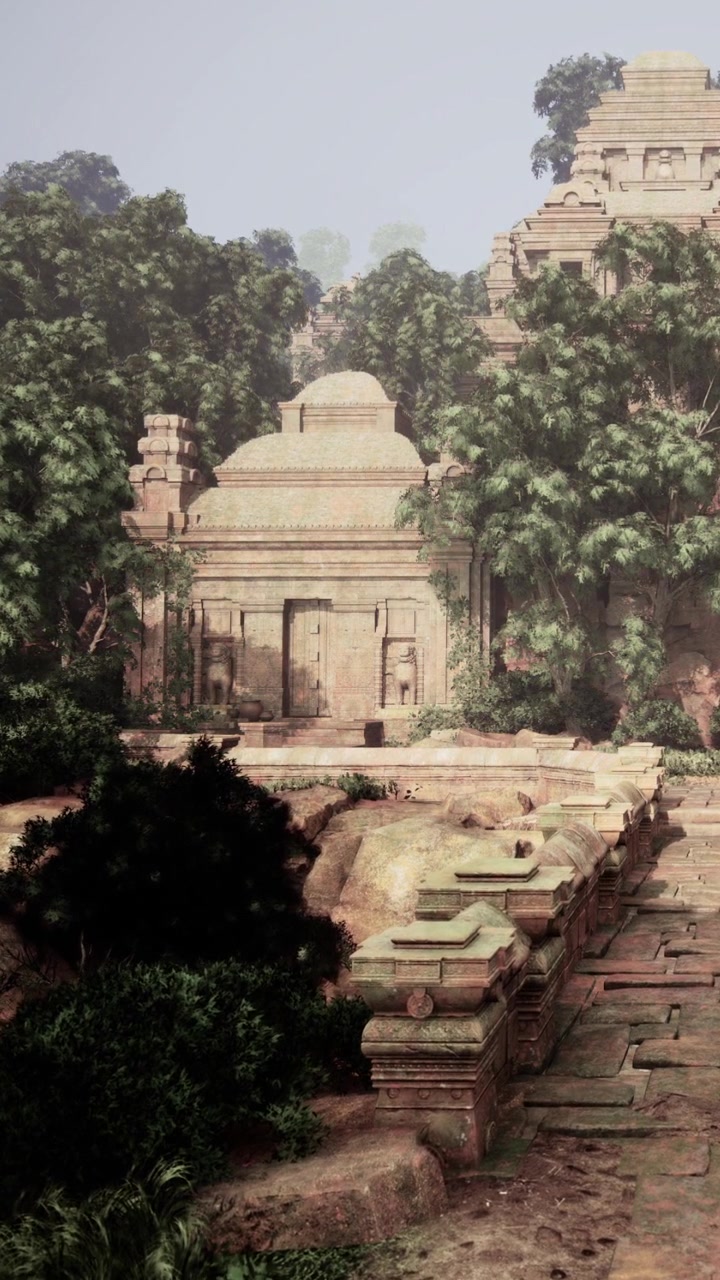 Ancient temple complex hidden among trees in a tropical landscape