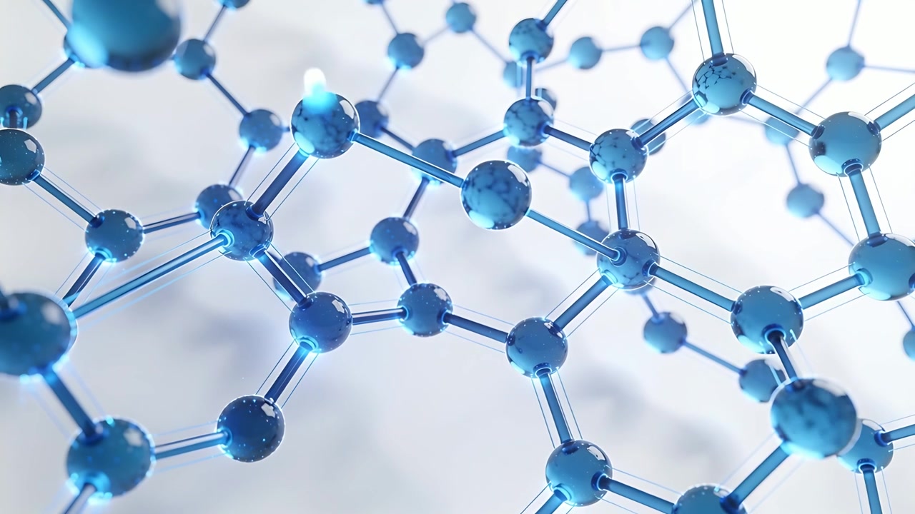 Orbiting camera revealing 3D molecular lattice on white backdrop, highlighting glossy blue nodes