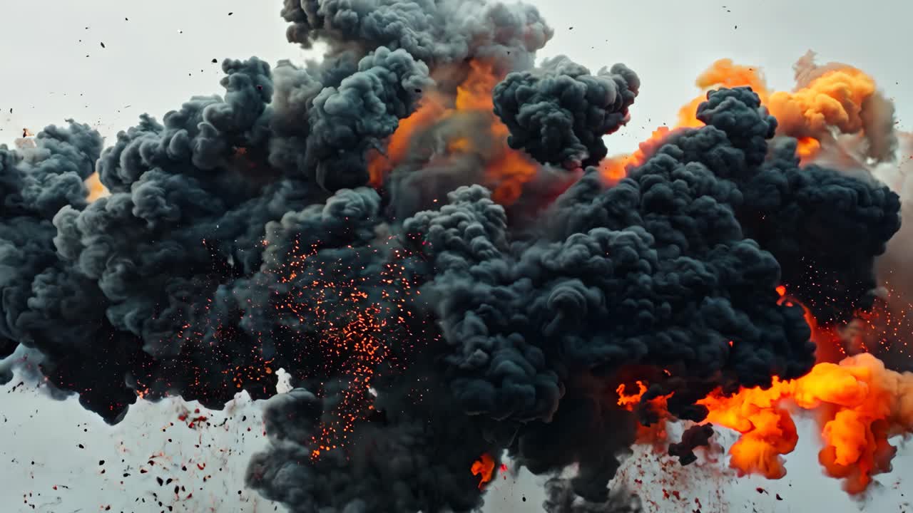 A large explosion is depicted in the image, with a lot of smoke and debris. The scene is intense and chaotic, with the explosion creating a sense of danger and destruction. The colors of the smoke