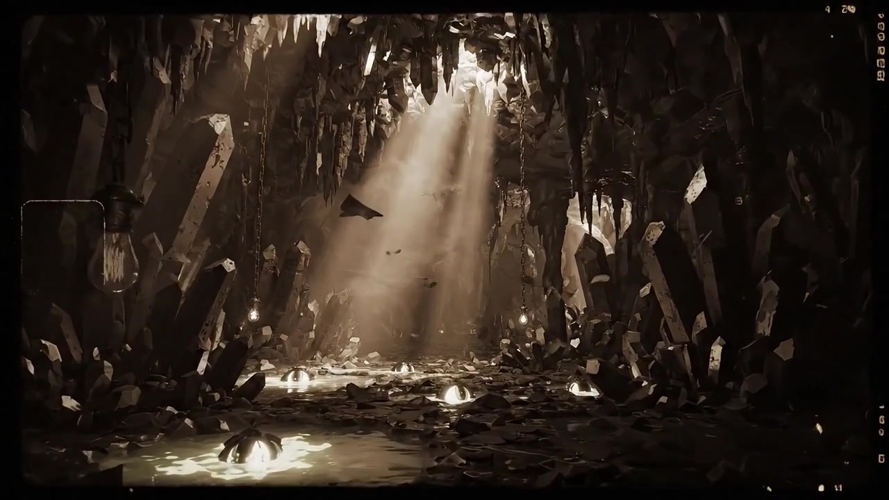 Una misteriosa grotta sotterranea illuminata da lanterne e cristalli, che cattura la bellezza enigmatica delle meraviglie nascoste della natura in un'illuminazione soffusa e ombre.