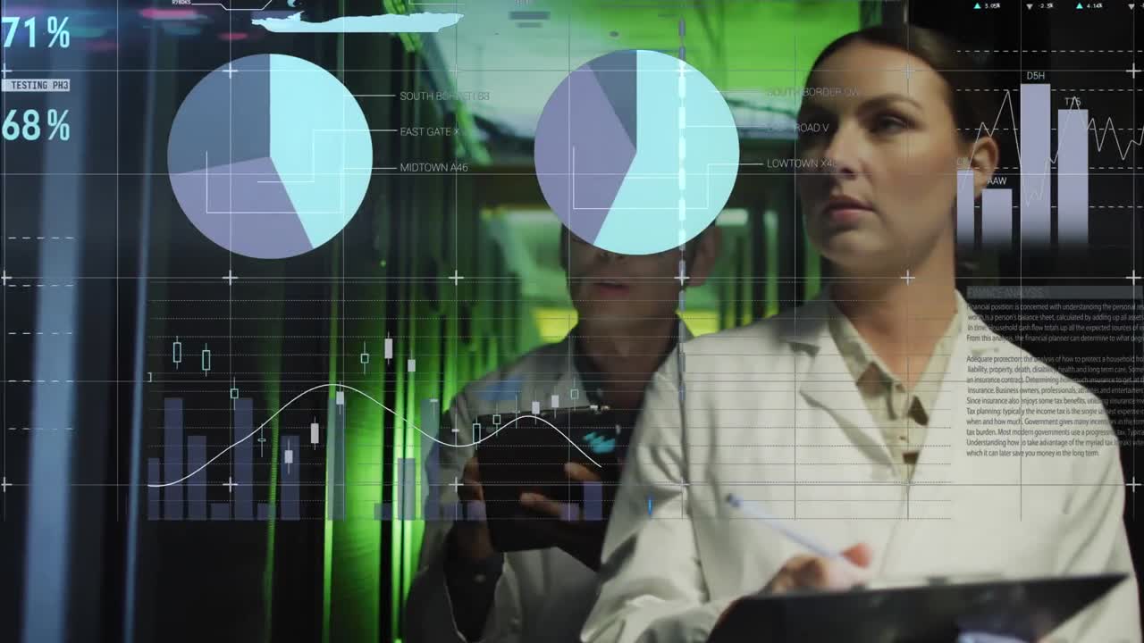 animación del procesamiento de datos financieros sobre diversos científicos en la sala del servidor.