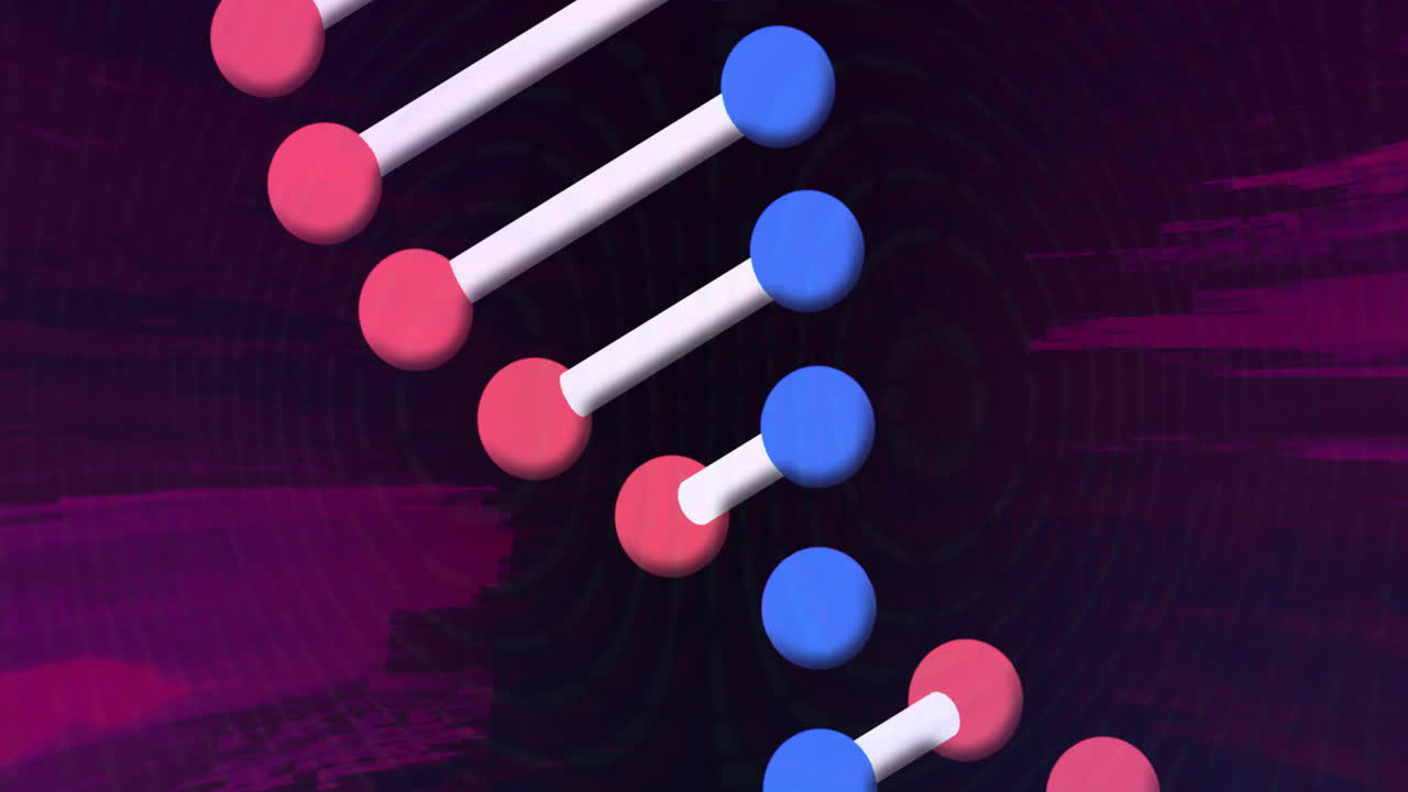 검은색 배경 위에서 회전하고 반이는 dna 줄무의 애니메이션