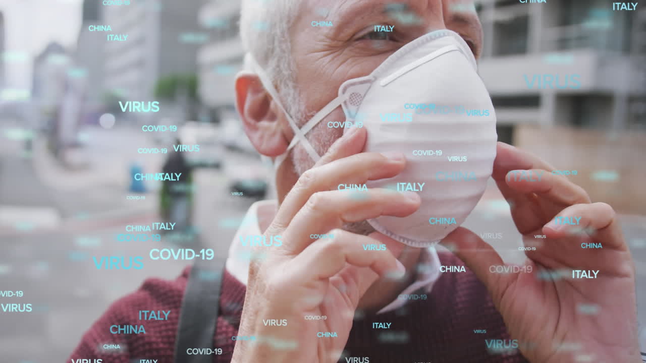 얼굴 마스크를 쓰고 있는 노인 위에 다수의 코로나19 텍스트의 애니메이션