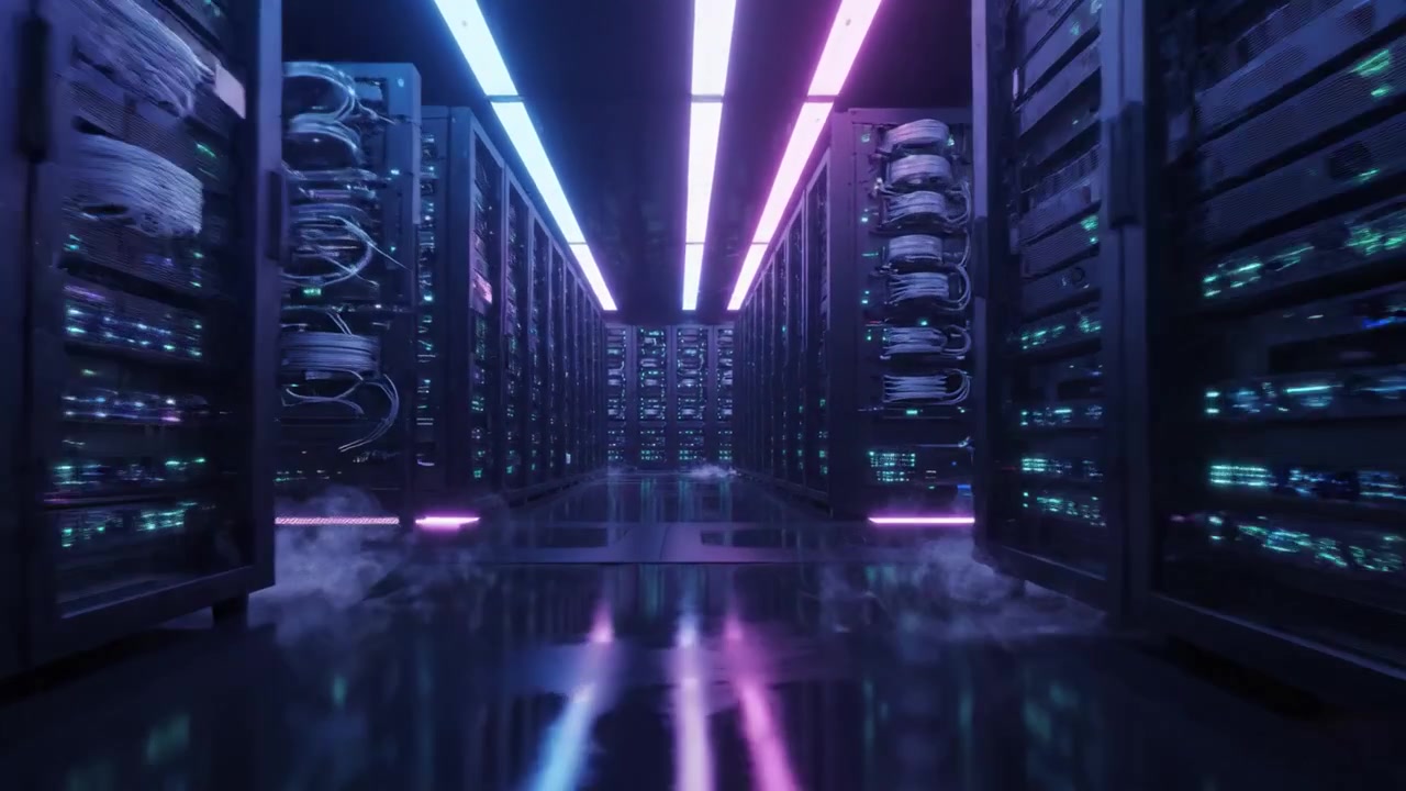 Corridoio illuminato di un data center: un viaggio attraverso file di server immersi in luci al neon, che mostra il cuore dell'infrastruttura digitale moderna.