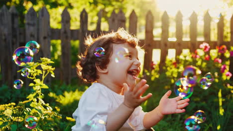 a happy child playing with bubbles in a sunlit garden
