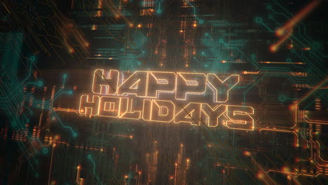 futuristic circuit board with happy holidays in neon lights